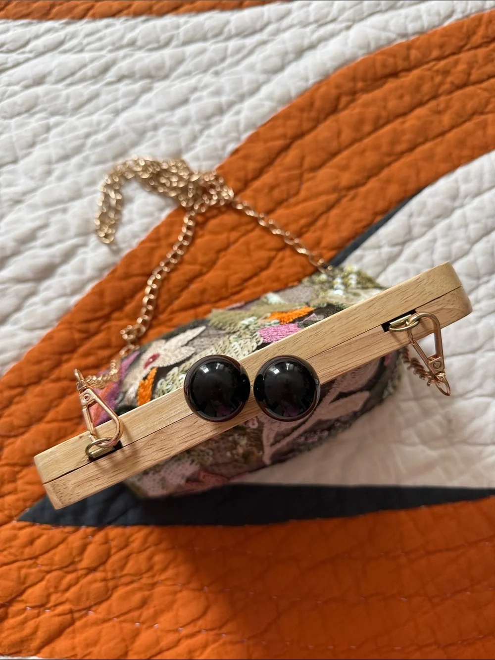 Embroidered Floral Sequin Crossbody Bag with Wood Frame - Multicolor